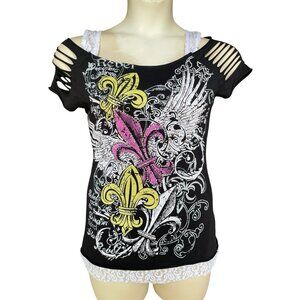 Bongo Vtg Y2K Tee Top Graphic Music T-shirt XL Grunge Fairy Mardi Gras Lace Punk